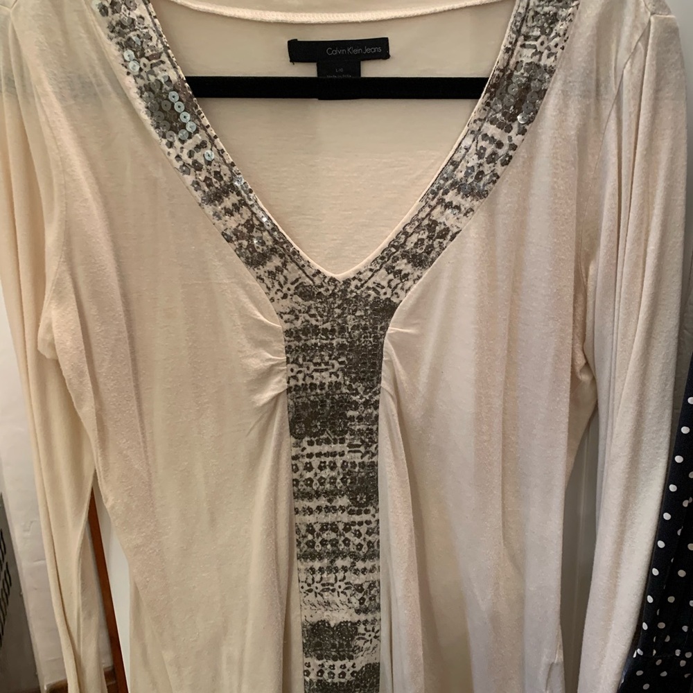 Calvin Klein Jeans Beige Sequin V-Neck Blouse